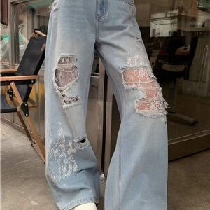 Dazy| Light Blue Distressed Wide-Leg Jeans with Lace